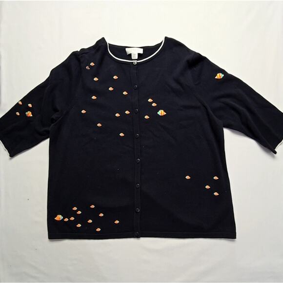 C.J. Banks Womens 1X Cardigan Tropical Fish Embroidery Black Button Front Top - Picture 1 of 11